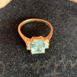 Aquamarine Emerald Cut Diamond Ring 14k Yellow Gold size 7.5 for women