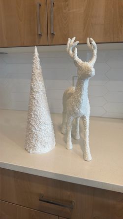 White Glitter Christmas Reindeer and Tree Decor Set