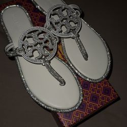 Tory Burch white Miller sandals with crystal logo