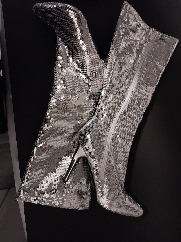 Silver Sequin Dress Stilleto Boots Size 10