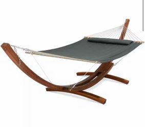 2-Person Large Quilted Hammock Bed with 13.5 ft. Wooden Arc Hammock Bed Stand, Gray Green