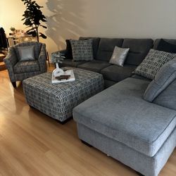 Beautiful Slate Blue Sectional With Chaise Matching Ottoman & Chair 