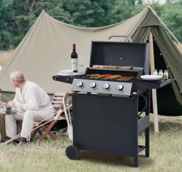 4-Burner 34,200 BTU Barbecue Grill, Patio Garden Stainless Steel Propane Grill with Cover in Black