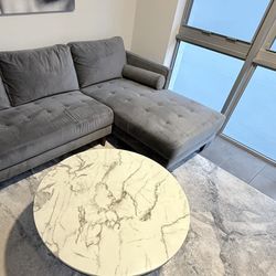 Round Marble-Look Coffee Table with Black Base