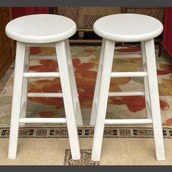 2 White Round Barstools, Solid wood - 24"H x 12" seat 