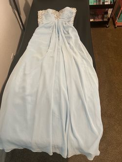 Light Blue Rhinestone Embellished Strapless Chiffon Prom Gown - Size Small