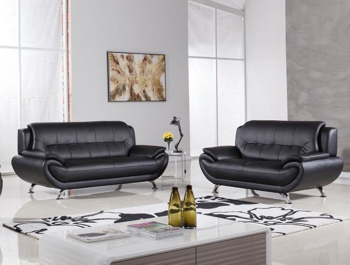 Brand Mew Black Bonded Leather Modern Sofa + Loveseat 2PCs Set