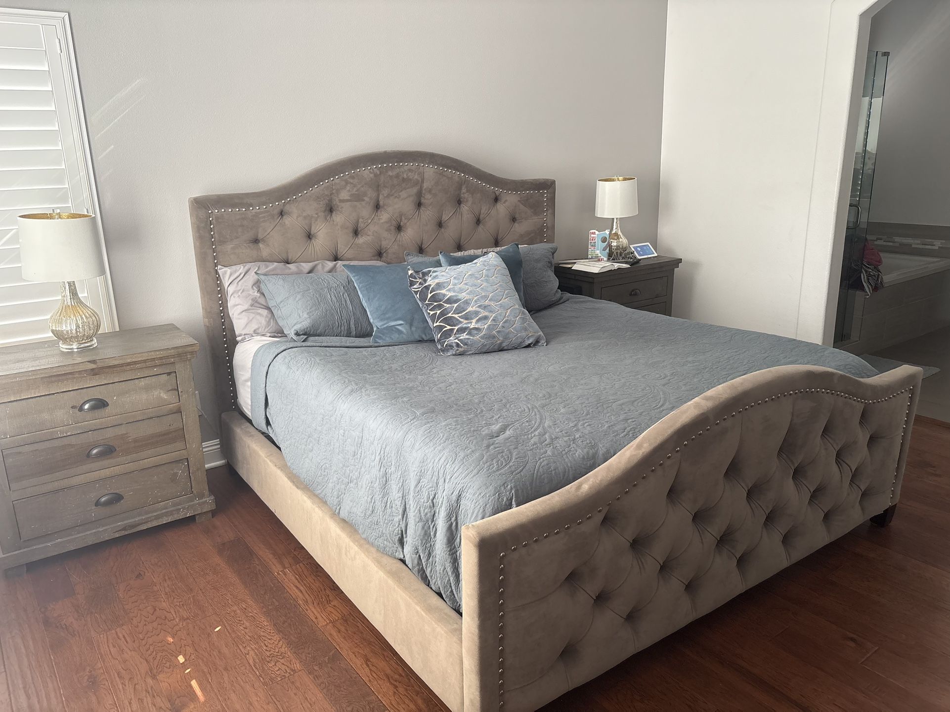 Gray Upholstered Bed Frame – Excellent Condition