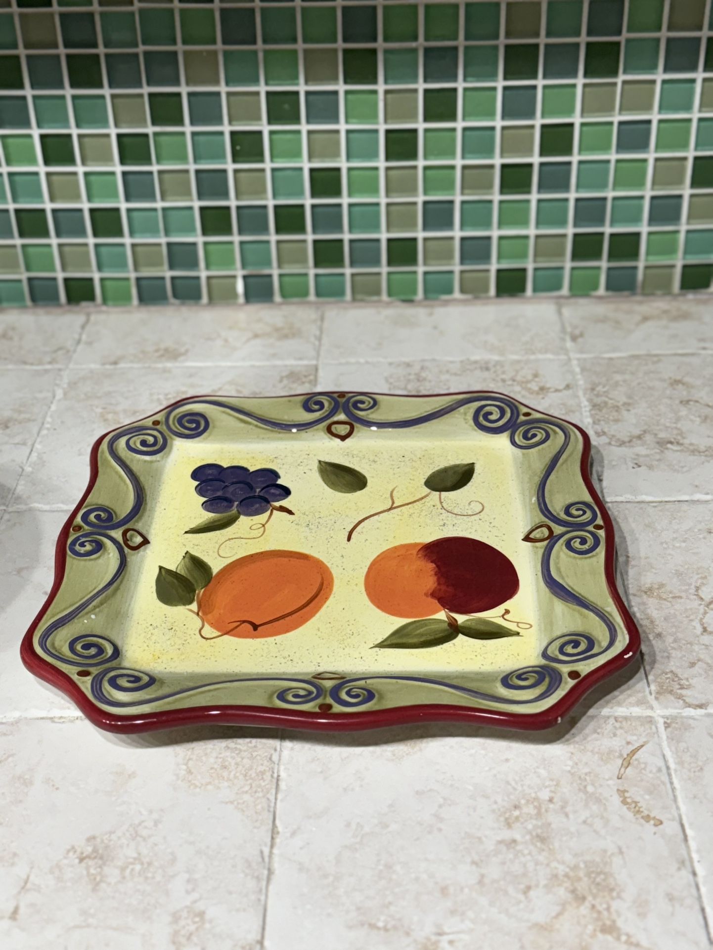 TABLETOPS UNLIMITED MEDICI HAND PAINTED SQUARE DINING PLATE FRUIT DESIGN
