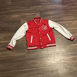 red and white varsity jacket with a c on it 