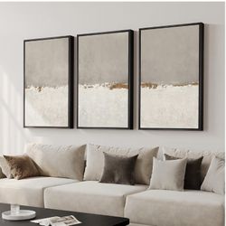 Large Framed Neutral Abstract Wall Art for Living Room, 3 Piece Modern Canvas Prints Paintings Artwork for Walls, Minimalist Beige Abstract Horizon Pi