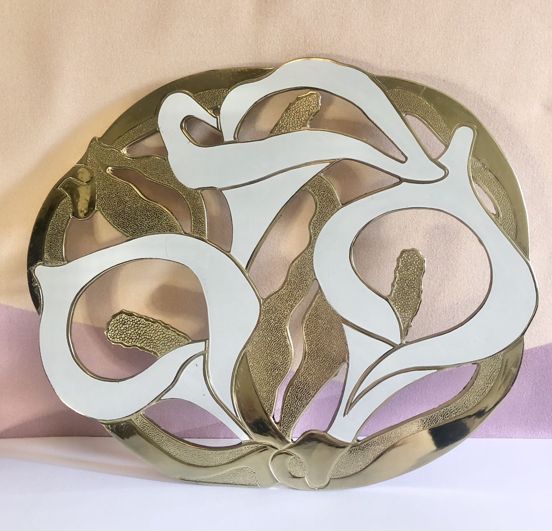 Vintage 1970s Rogers Brass and White Calla Lily Trivet/Hot Pad by Oneida