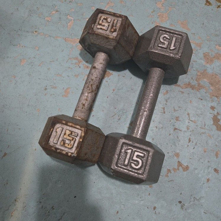 Pair Of 15lb Hand Dumbell Weights Iron Metal