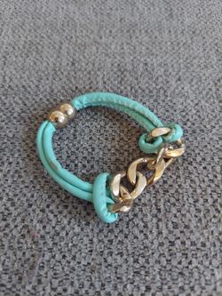 Mint Green Leather and Gold Chain Bracelet