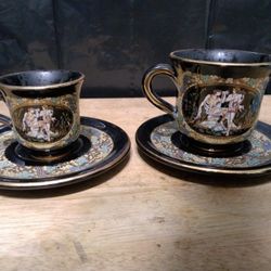 Two 1950s Terracotta Greek Cup And Saucer Trimmed In 24 Carat Gold.