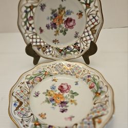 2 Schumann Bavaria Dresden Royal Dresdner Art Reticulated Floral Plate Gold Trim