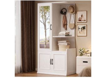 LIKIMIO 70" Tall Armoire Wardrobe Closet with Mirror, Wooden Bedroom Armoire, Large Freestanding Clothing Storage Cabinet with 3 Doors, 2 Cabinets, Pe
