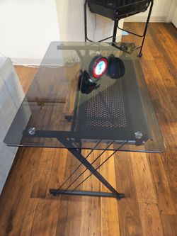 Glass Top Desk with Black Metal Frame