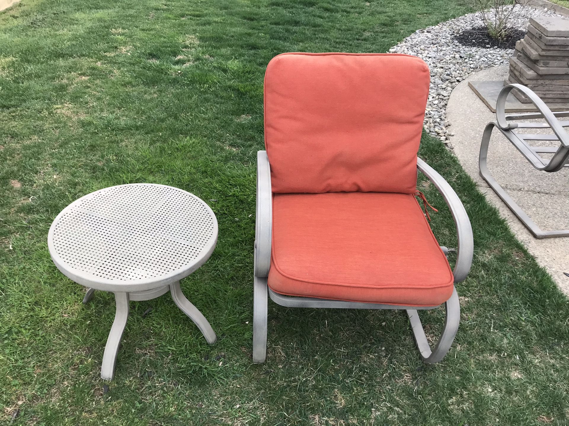 Outdoor furniture. 4 chairs with cushions and two tables as shown in picture.