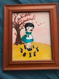 Framed Original Painting Girl with Rabbits