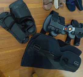 Left Foot level-up shoe balancer, right ankle brace, 2 diff leg braces