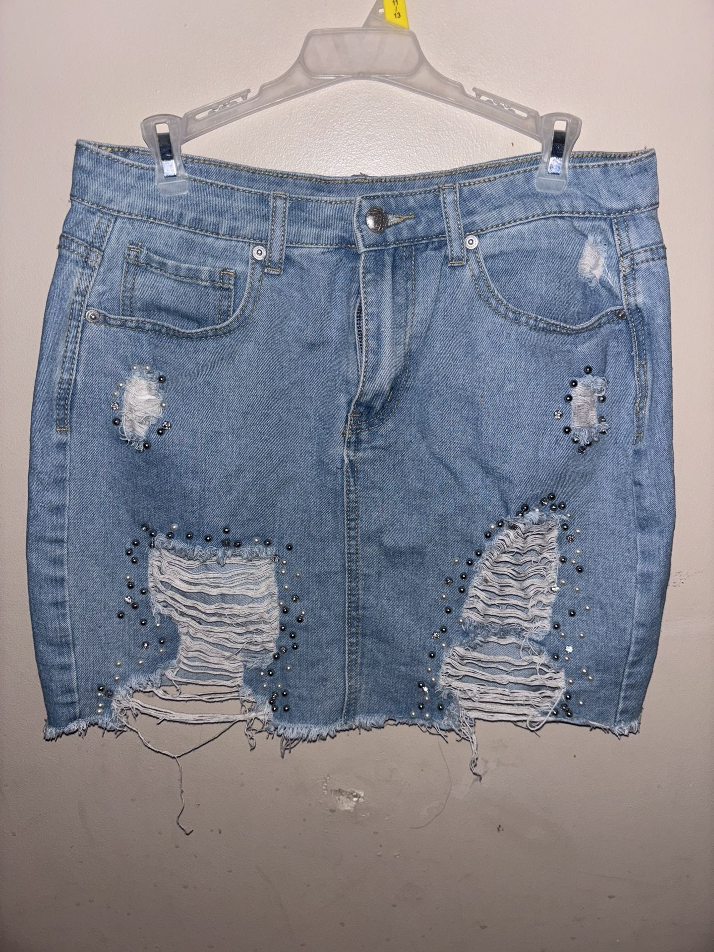 Distressed Jean Skirt With Pearl Accents