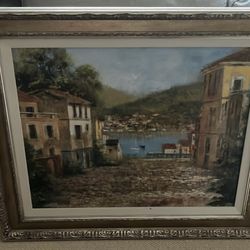 Framed Mediterranean Coastal Village Wall Art - Large Statement Piece
