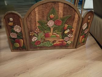 Vintage 3-Piece Wood Art Fruit and Floral fireplace screen