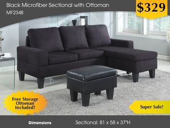 BLACK MICROFIBER SECTIONAL WITH OTTOMAN MF2348