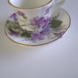 Vintage Bone China Mini Cup And Saucer..Purple Flowers With Gold Trim, Straffordshire England, Approx. 2" Dia.