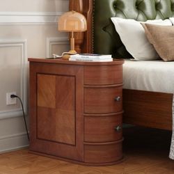 Wood End Table with Charging Station, Vintage Slim Sofa Side Table & Bedroom Nightstand
