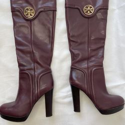 Tory Burch Wine Leather Platform Heeled Knee High Boots Size 7.5 