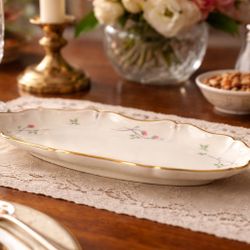 Lenox USA 1980s Rose Manor Bone China Oval Relish Dish Floral Gold Trim, 9.5x4”