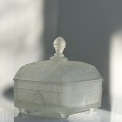 Vintage Tiara Indiana Frosted White Glass Lidded Footed Honey Beehive Candy Dish