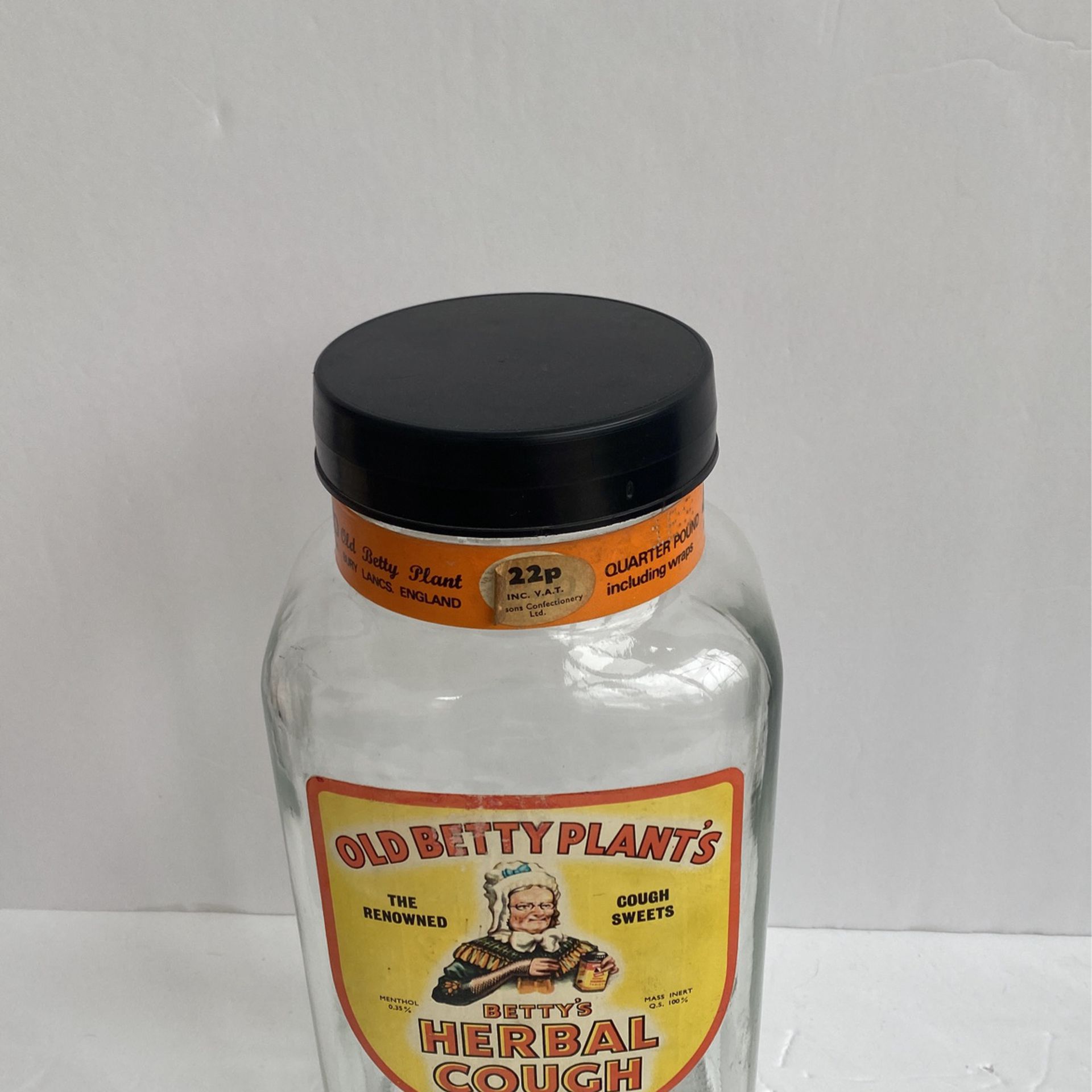 Vintage Old Betty Plants Herbal Cough Glass Apothecary Jar