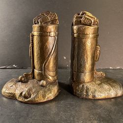 Vintage Gold-Brass Golf-Bag Bookend Set (Height: 6”)