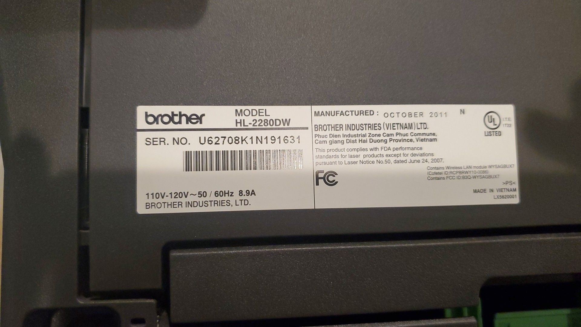 Brother all-in-one laser printer/scanner/copier. Requires new cartridge