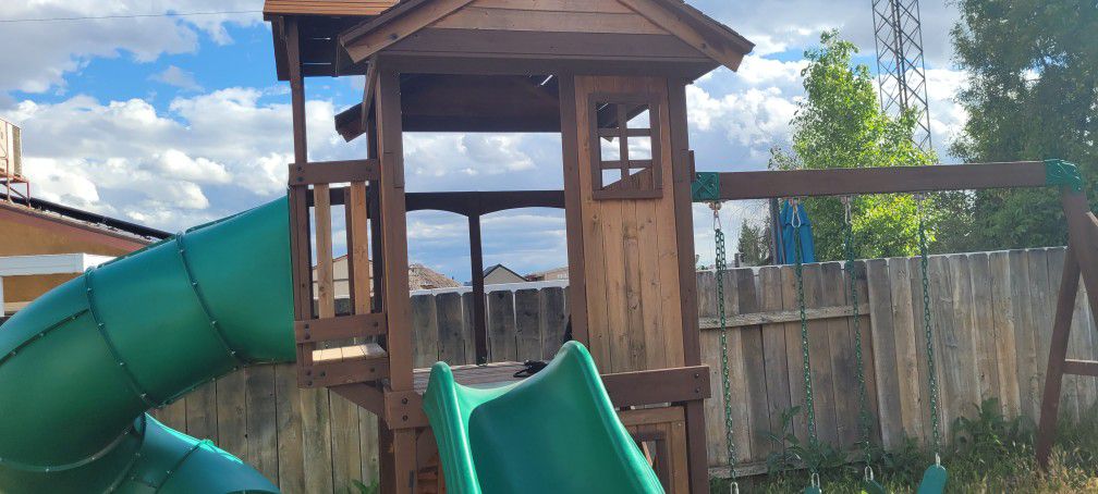 Heavy Duty Playhouse With Slides Rockwall And Swing Set