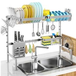 New Stainless Steel Over The Sink Dish Drying Rack Length Adjustable Dish Drainer Full Set Dish Rack for Kitchen Sink Organizer Space Saver - Silver 