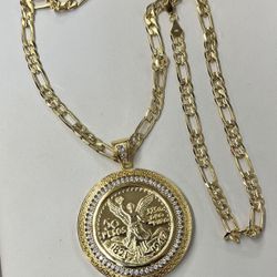 Cz Bezel Saint Michael Pendant And Cuban Necklace Made Of 18k Layered & Bonded Gold Over Precious Metal, Hypoallergenic High Quality-