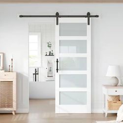 Barn Door~32"x84"~NEW~ 5-Lite Frosted Glass White Finished MDF~Sliding w Hardware Kit~Easelife