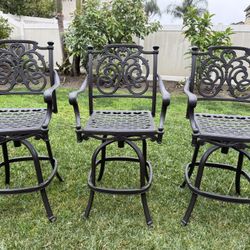set of 3 slightly used heavy cast iron outdoor patio bar stool 