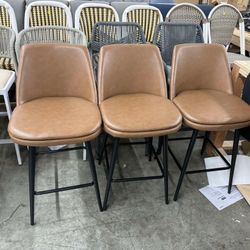 CHITA 27 inch Counter Height Swivel Bar Stools Low Back Set of 3, Metal Base, Faux Leather in Saddle Brown