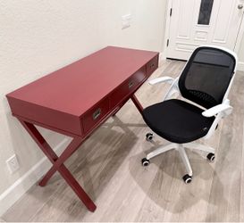 Red Wooden 3-Drawer Writer’s Desk ($75) + Adjustable Chair ($50)