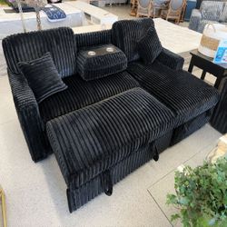 🔥 Black Jumbo Corduroy Pull-Out Sofa | Fold-Down Table + Cup Holders + USB + Storage Chaise | 🚚 Delivery Available 💳 Financing Available 🔥