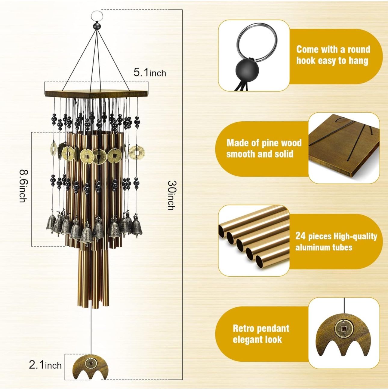 Wind Chimes for Outside, 30"Memorial Wind Chimes with 24 Copper Tubes and 16 Copper Bell for Garden,Patio,Window Wind Chime Hanging Decoration,Bronze