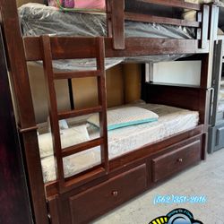 Triple Brown Bunk Bed With Mattresses Included Twin Size