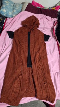 Rust Cable Knit Hooded Long Cardigan
