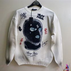LEFT POINT Off White Graphic Sweater with Black Rhinestone Design