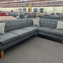 New Mid Century Sectional. Grey. 111” X 85”. Free Delivery!